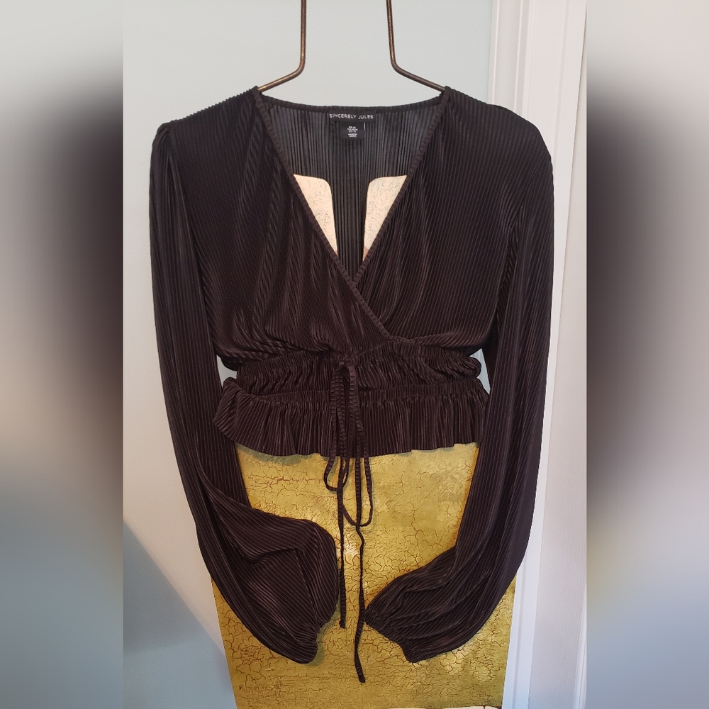 Sincerely Jules Black Pleated Long Sleeve Wrap Top